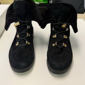 DKNY Black Suede Ankle Booties with Gold Hardware